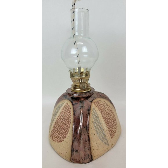 Stoneware Art Pottery Oil Lamp Triangle Red Blue Circle‎ Signed - Picture 2 of 7